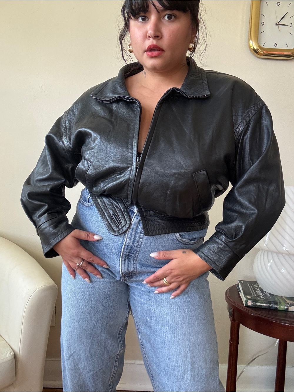 Black Cropped Leather Jacket - Classic Women's Bomber